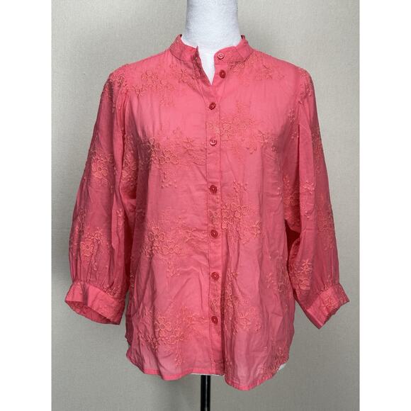 Pilero By Anthropology Blouse S/P Coral W/ Embroidered Flowers Feminine Spring - Picture 1 of 16